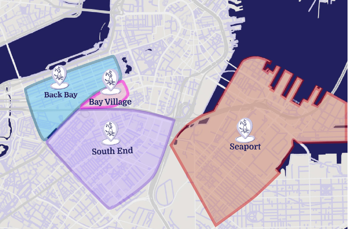 Service area map back bay bay village south end boston